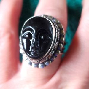 New Carved Black Goddess Face 925 Silver Ring.